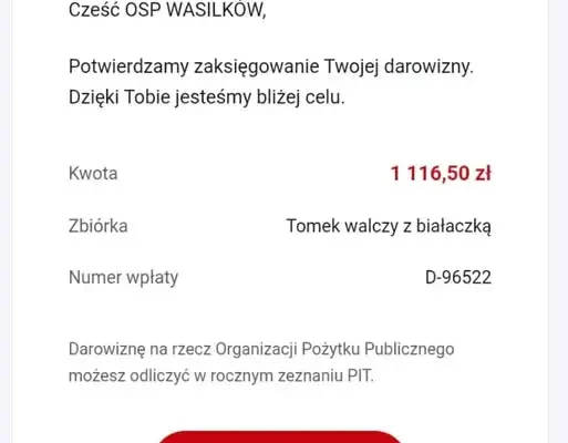OSP Wasilków wspiera zbiórkę na leczenie młodego druha Tomka z Dobrzyniewa Dużego
