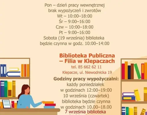 Biblioteka w Choroszczy ogłasza wrześniowy harmonogram pracy
