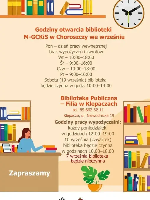 Biblioteka w Choroszczy ogłasza wrześniowy harmonogram pracy