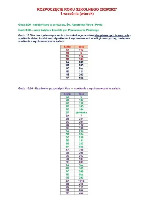 Uroczyste rozpoczęcie roku szkolnego 2026/2027 – harmonogram dla uczniów i rodziców