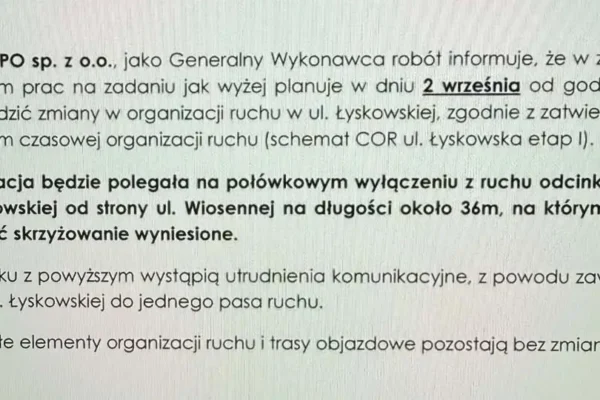 Utrudnienia na ul. Łyskowskiej w Fastach – zmiany w organizacji ruchu od 2 września