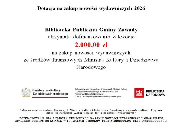Biblioteka w Zawadach z dofinansowaniem na nowości wydawnicze