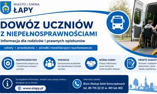 Gmina Łapy przypomina o bezpłatnym dowozie uczniów z niepełnosprawnościami