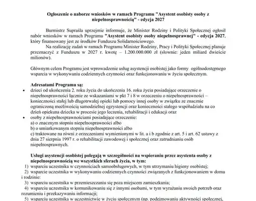 Gmina Supraśl ogłasza nabór wniosków do programu „Asystent osobisty osoby z niepełnosprawnością” – edycja 2027