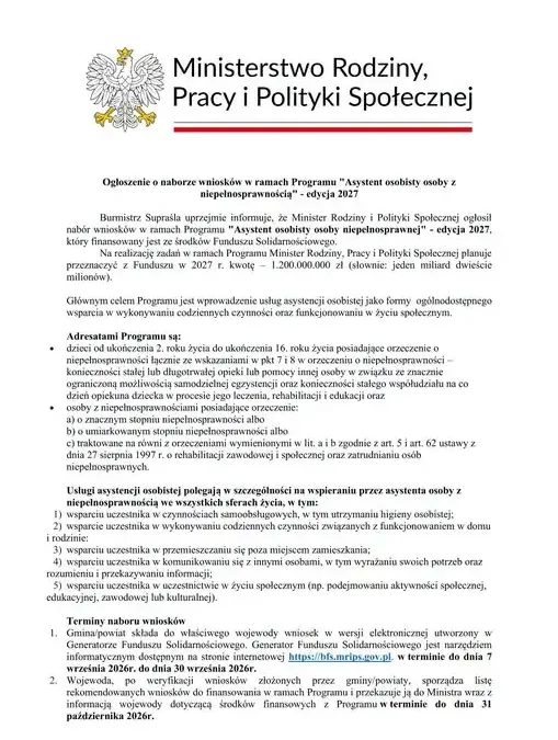 Gmina Supraśl ogłasza nabór wniosków do programu „Asystent osobisty osoby z niepełnosprawnością” – edycja 2027
