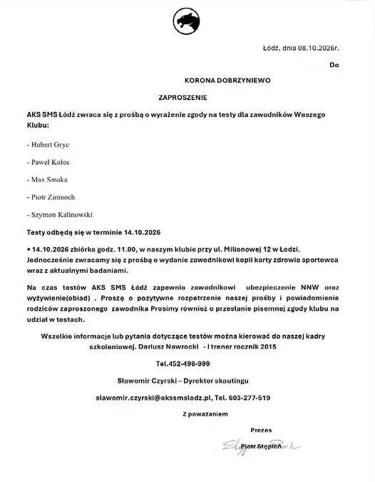 Młodzi piłkarze z Korony Dobrzyniewo na testach w AKS SMS Łódź