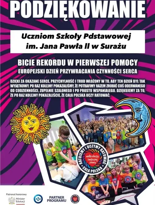 Suraż: uczniowie odebrali podziękowania od WOŚP za udział w biciu rekordu pierwszej pomocy