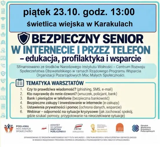 Bezpłatne warsztaty „Bezpieczny Senior w internecie i przez telefon” w Karakulach