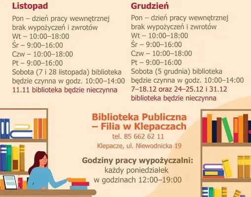 Biblioteka w Choroszczy podaje godziny otwarcia na listopad i grudzień